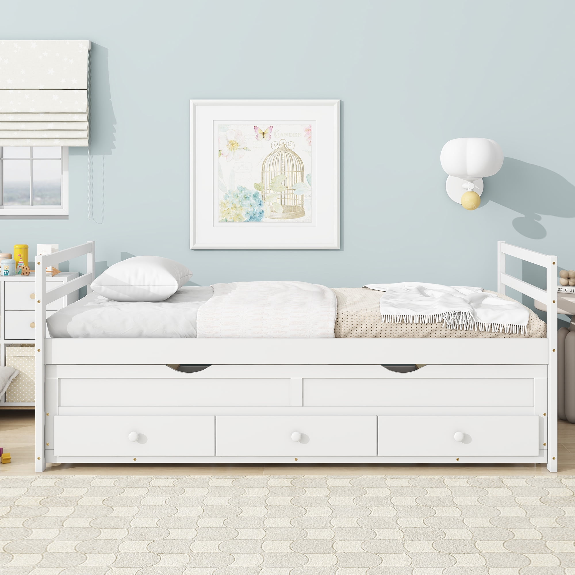 Sailvan Twin Size Bed with Headboard, Footboard, Trundle and 3 Storage Drawers, Pine Wood Bed