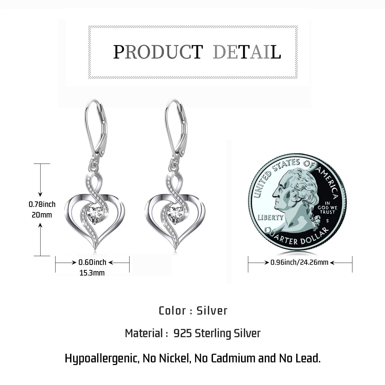 Coachuhhar Heart Leverback Earrings 925 Sterling Silver Infinity Birthstone Dangle Drop Earrings Love Heart Jewelry Birthday Gift for Women