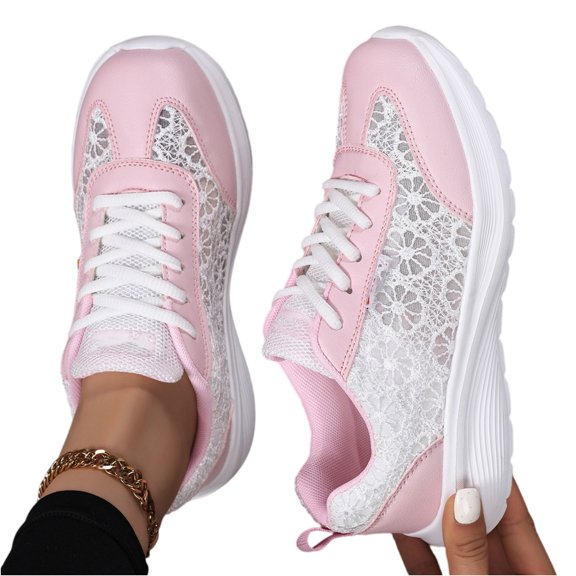 Sewkxo Women'sLace Sneaker Low Top Casual Walking Shoes Classic Comfort Flat Fashion Sneakers,Pink 41
