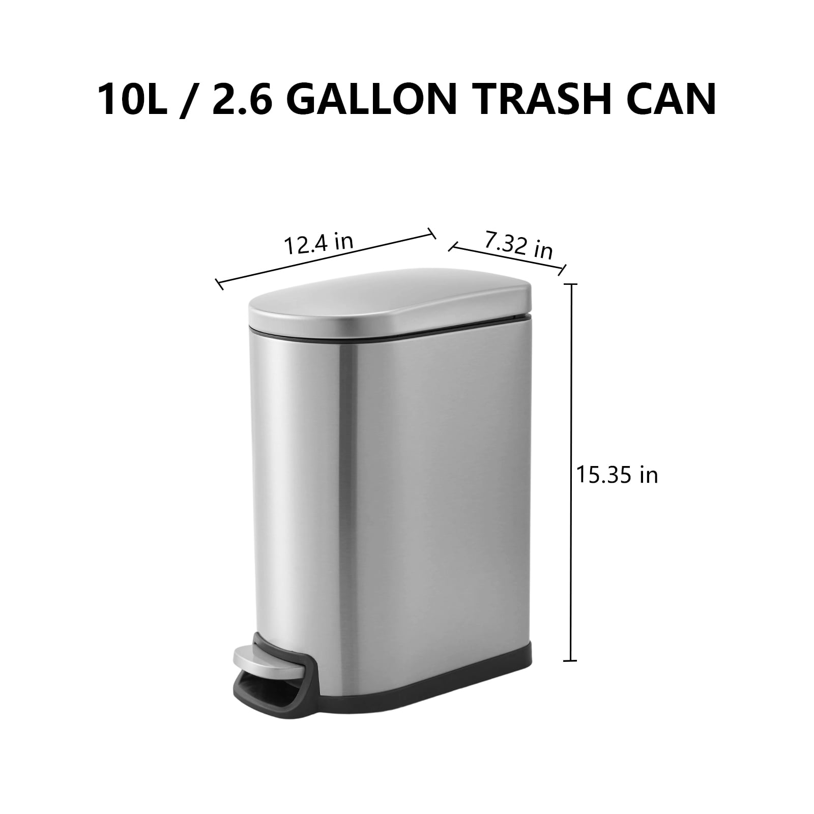 Simplykleen 10L/2.6 Gallon Curved Step Trash Can Stainless Steel Garbage Can with Foot Pedal, Removable Inner Bucket for Kitchen Bathroom Office, Silver