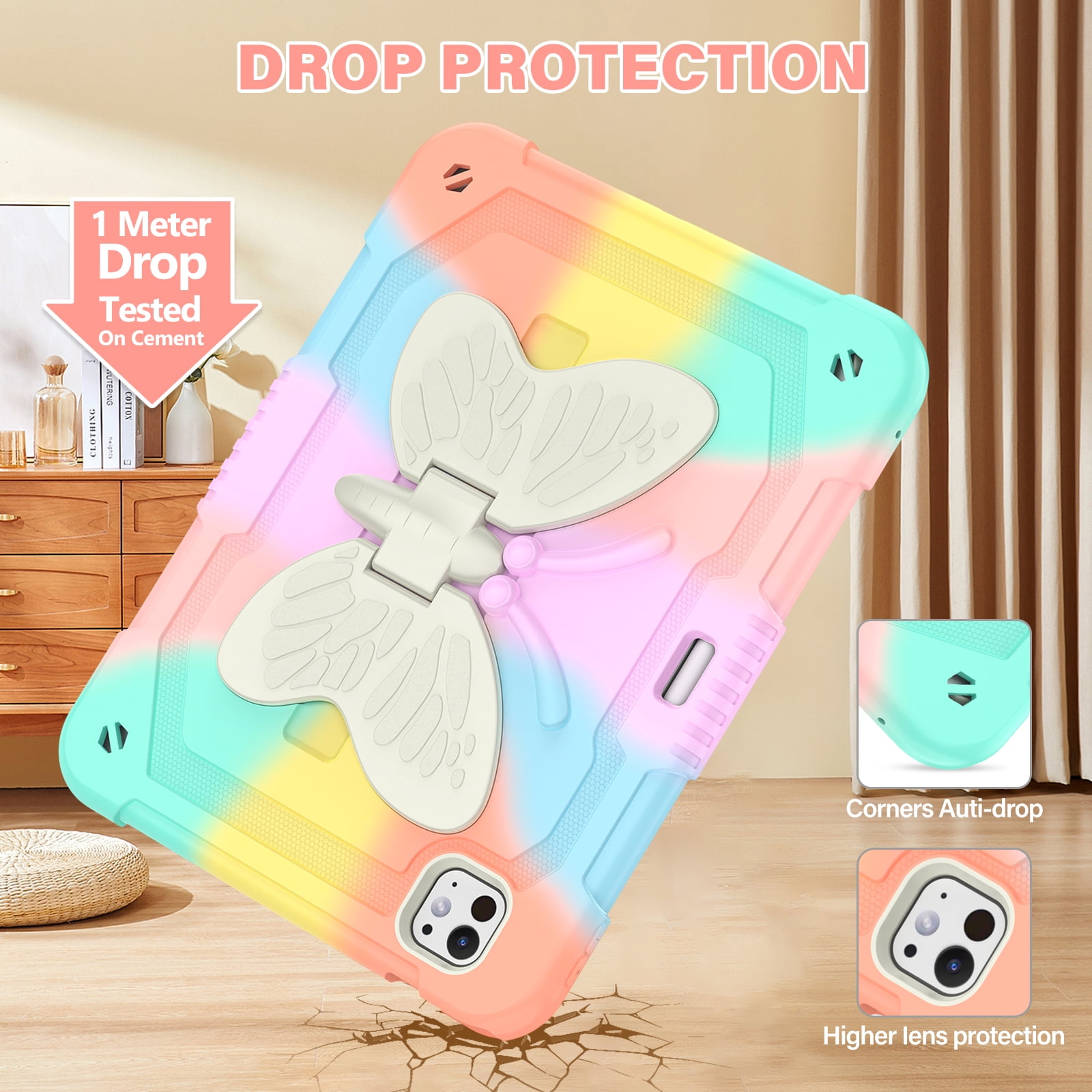 Allytechgroup iPad Pro 11 M4 2024 Case, Cute Butterfly Design Heavy Duty Shockproof Shoulder Strap Pencil Holder Kickstand Bumper Kids Friendly Rugged Case for Apple iPad Pro 11" 2024,Colorful