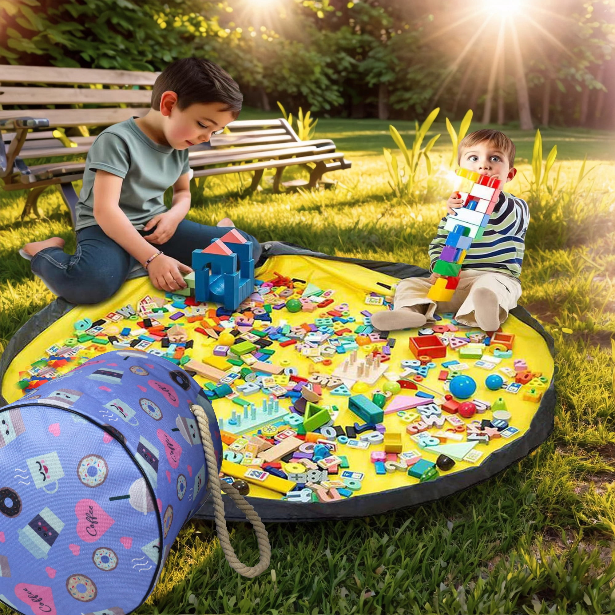 NIETEIN Kids Toy Storage Basket with Play Mat for Building Bricks Collapsible Canvas Organizer Bag (Love Donuts)