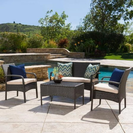 Cordoba 4pc Wicker Patio Chat Set with Cushions - Brown - Christopher Knight Home: All-Weather, UV-Resistant