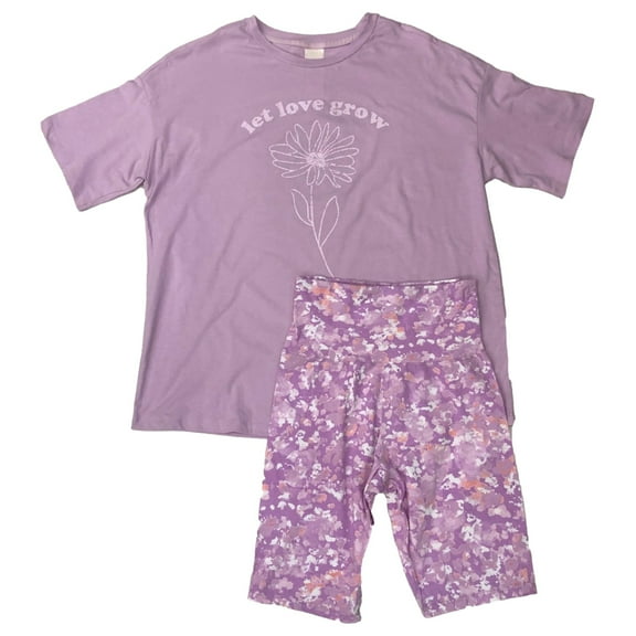 Womens Puprle Floral Let Love Grow Pajamas Knit Tee & Shorts Sleep Set Large
