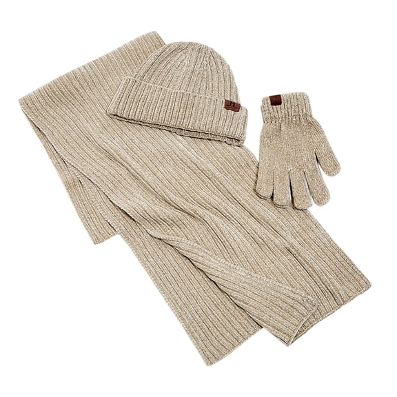 PMVFHDE Couples Winter Thickened Warm Scarf Hat Gloves Set Solid Color Ribbed Knit Wool Cap Neck Warmer Three-Piece Warm Set Beige