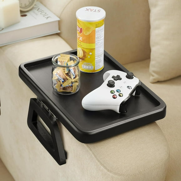 Wood Sofa Armrest Tray -Wooden Side Tables for Small Spaces for Eating and Drink (Rectangular, Black)