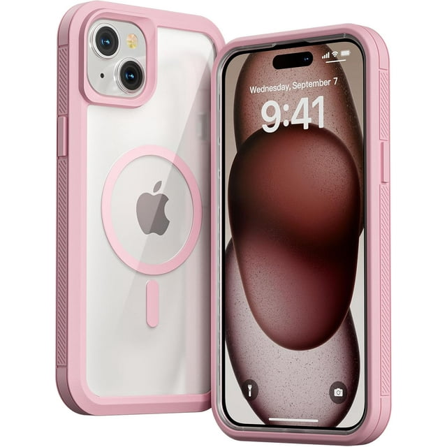 for iPhone 13 /iPhone 14 Case, Compatible with MagSafe, Heavy Duty Shockproof Protection Phone Cases,Double Layer Transparent Magnetic Protective Cover for iPhone 13/iPhone 14, 6.1 inch, Pink