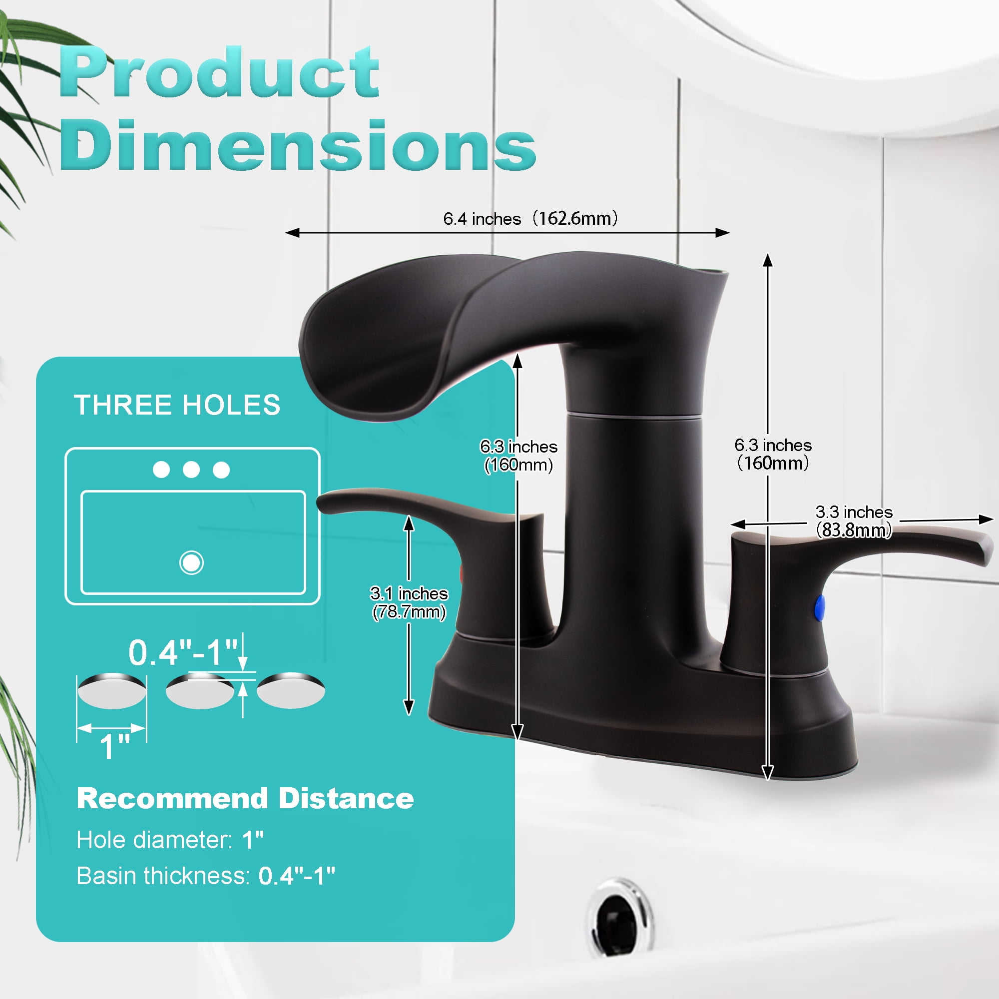 Sunrinx 4'' Centerset Bathroom Faucet 2-Handle Waterfall Faucet with 360° Swivel Spout, Matte Black, Lead-Free Plastic, Pop-Up Drain
