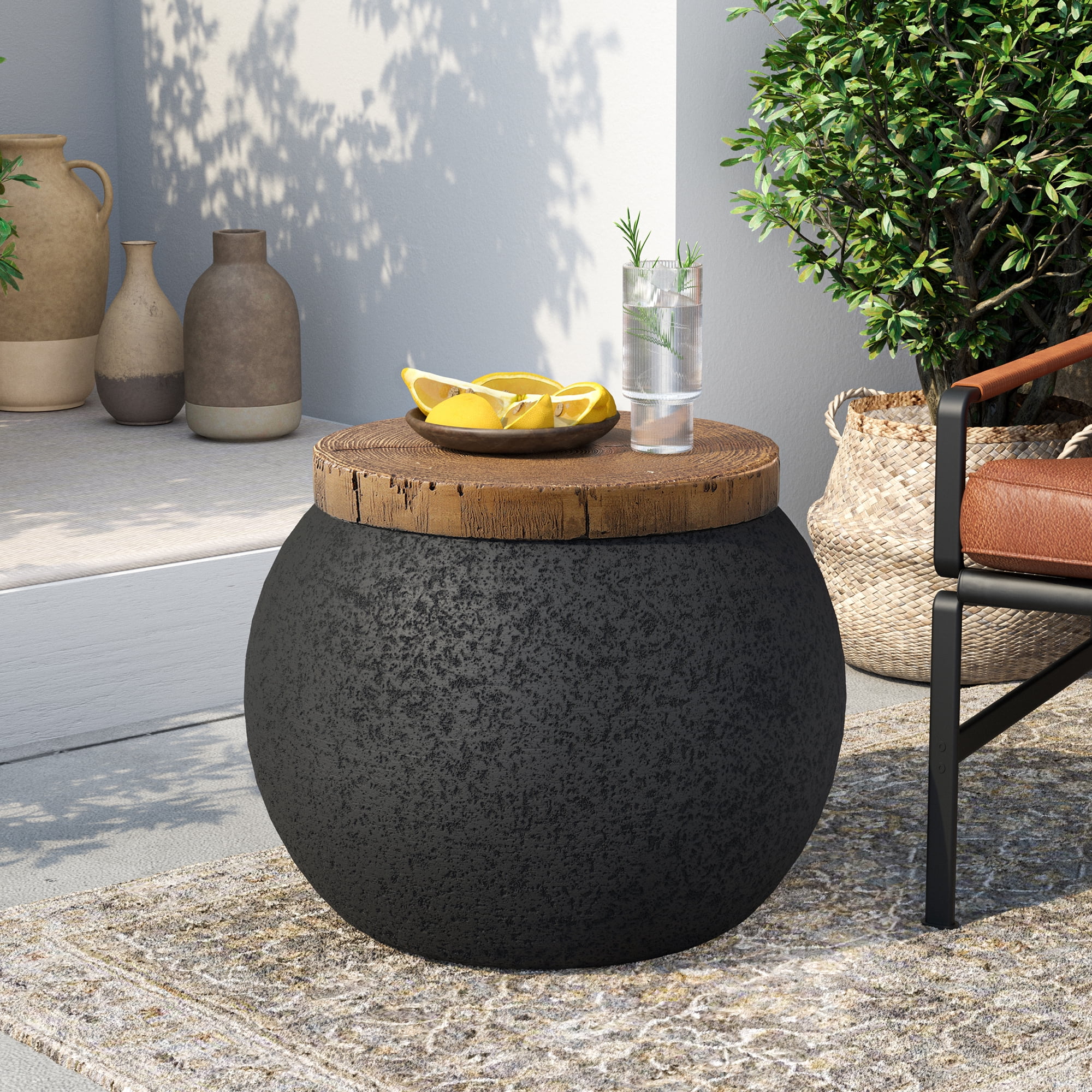 VENTOPYR 2 PCS Concrete Outdoor Side Table with Wood Grain Top,Small Jar Shaped Round Accent End Table for Patio, Garden,Black