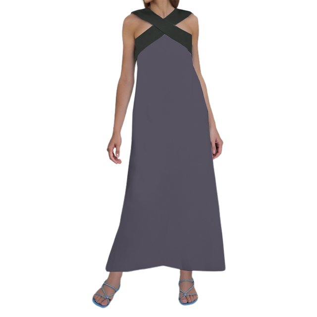 Summer Dresses Elegant Neckline Open Back Evening Solid Long Lengths Plus Size Dress Grey XL