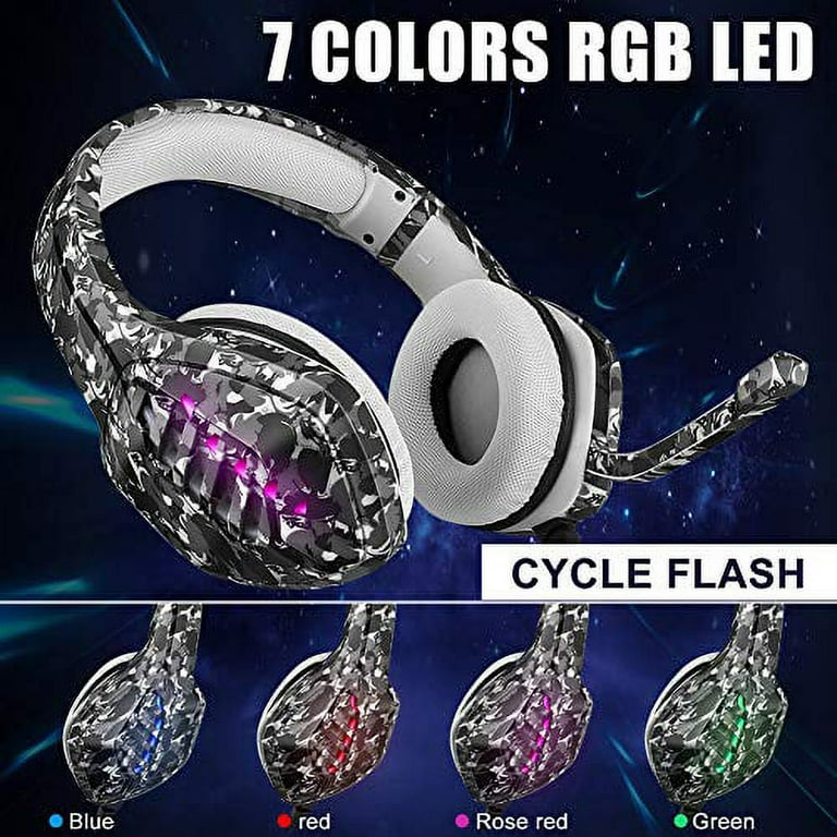 YJY J1 Gaming Headset for PS4 PC Xbox One Controller Noise Cancelling Over Ear Headphones with Mic 7 Colors LED Light Bass Surround Soft Memory