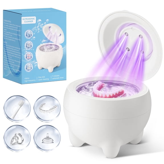 Ultrasonic Retainer Cleaner Machine, 45kHz Ultrasonic Dental Cleaning Pod for Denture, Night Guards, Jewelry, Dental Pod, Low Noise 4 Modes Gifts for Her (White)