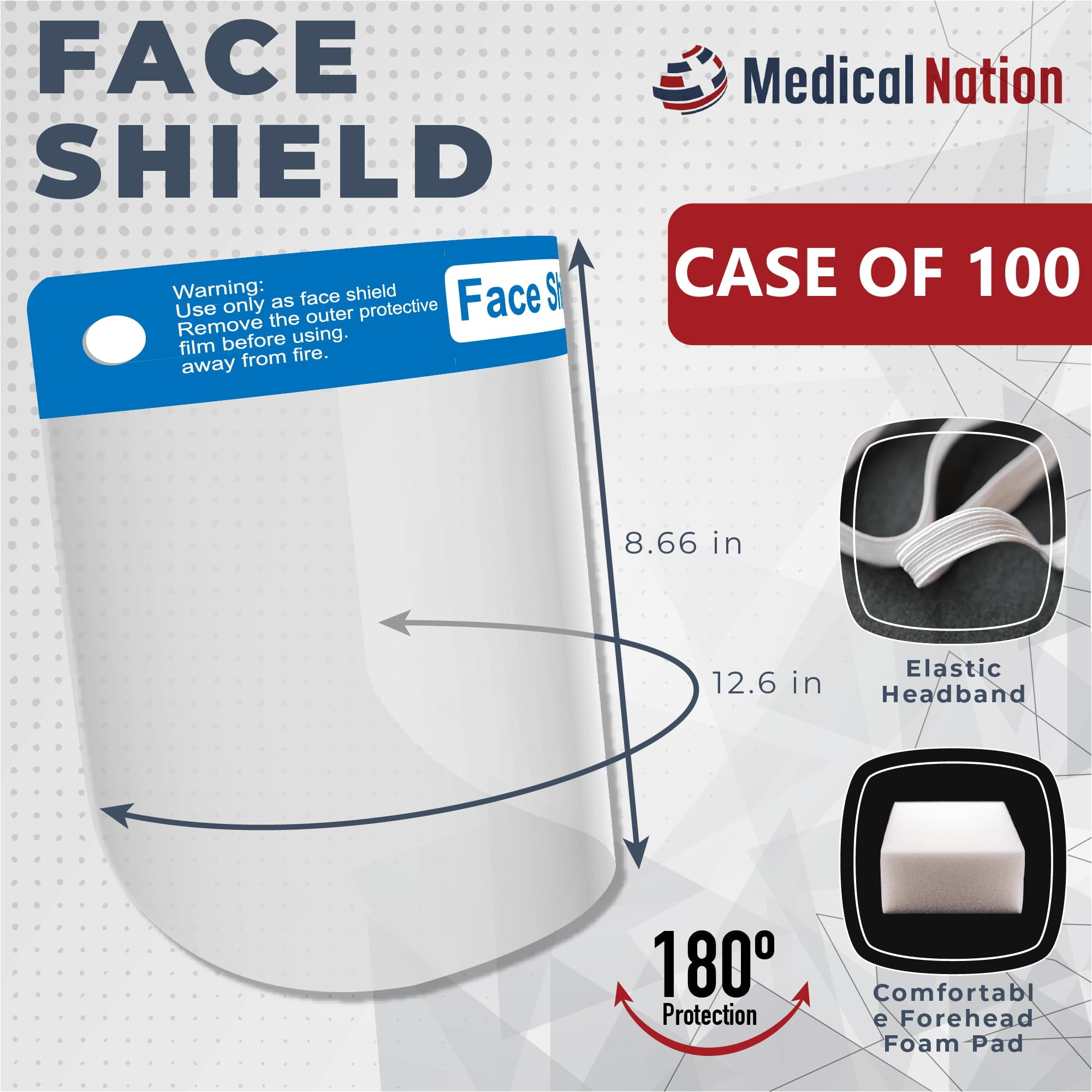 Medical Nation 100 Pack Face Shields | Clear Plastic Face Shield for Women, Men & Kids, Anti-Fog, Lightweight Reusable Full Face Shield Mask, Safety Visor Cover with Comfortable Sponge & Elastic Band