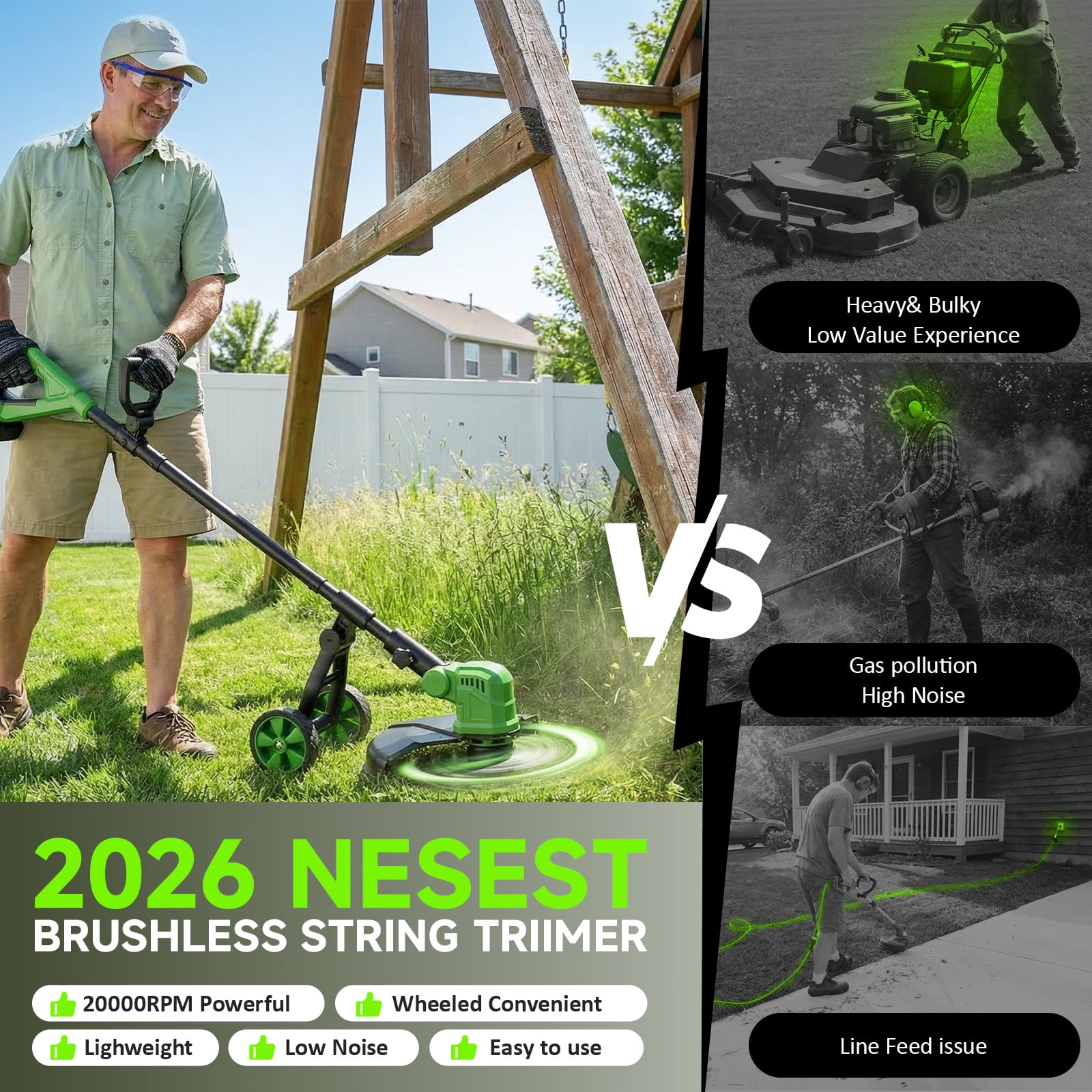 Fovendi 12" Cordless String Trimmer, Grass Trimmer&Edger with 8 Replacement Spools for Garden, Lawn