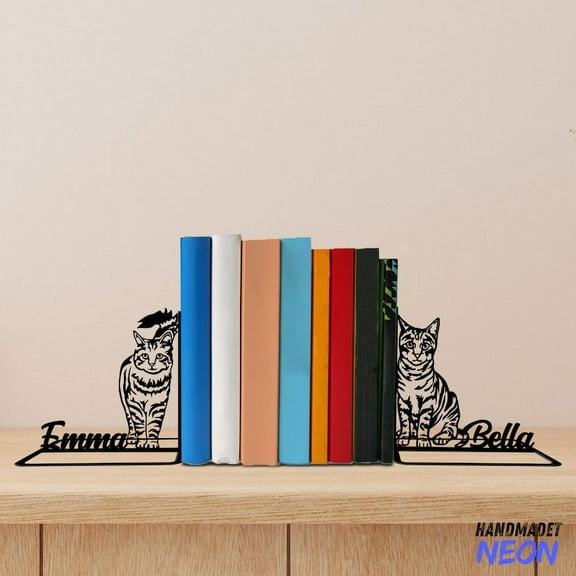Handmadetneonsign Tabby Cat Metal Bookends, Tabby Cat Name Bookend, Cat Table Bookshelf Decor 045066