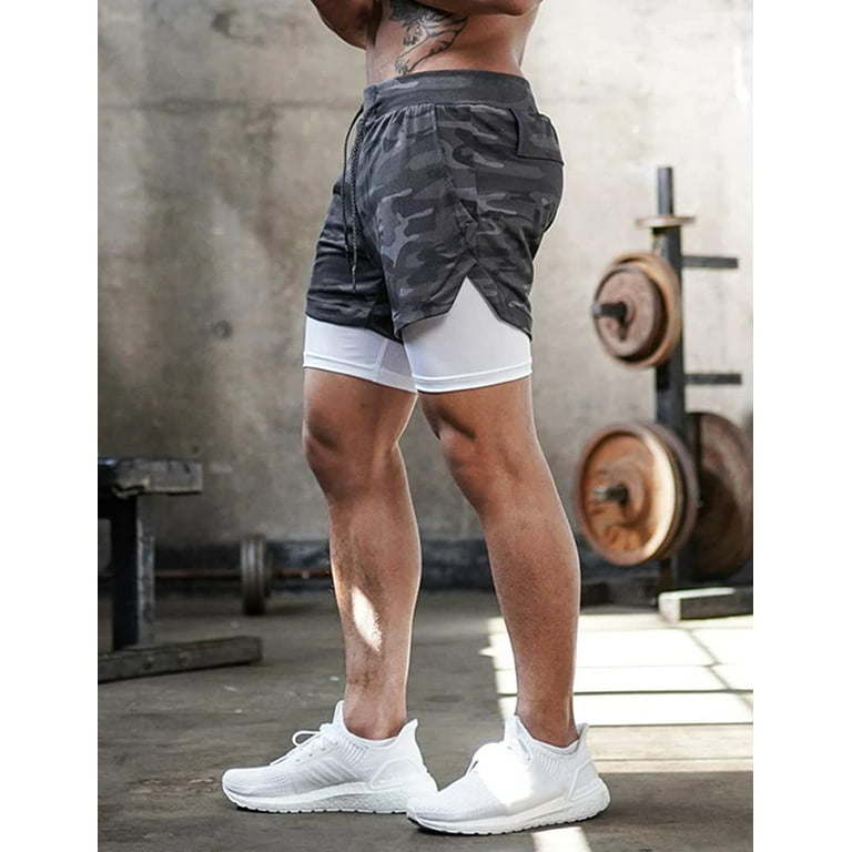 Men's 2-in-1 Running Workout Shorts Gym Training Athletic Short