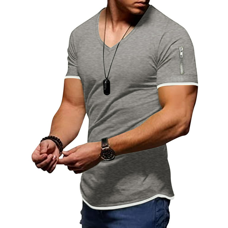 Mgoohoen Mens Summer Fashion Casual Solid Color Stitching Zipper Pocket T Shirt Short Sleeve Shirt Top Blouse Men Cotton Tee, Women's, Size: Large