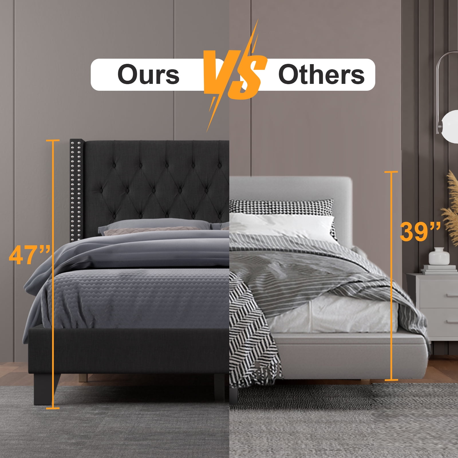 Nathaniel Home, Fabric Linen King Bed Frame, with Tufted Upholstered Headboard, Nailhead Button Platform Bed Frame for Bedroom, Black