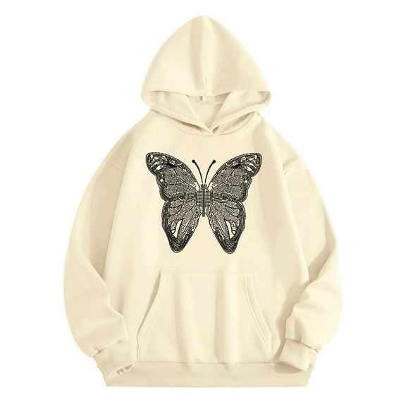 SonxaHe Toddler Girls Hooded Sweatshirt Butterfly Prints Long Sleeves Loose Fashion Casual Hoodies Beige,Sized 2-3