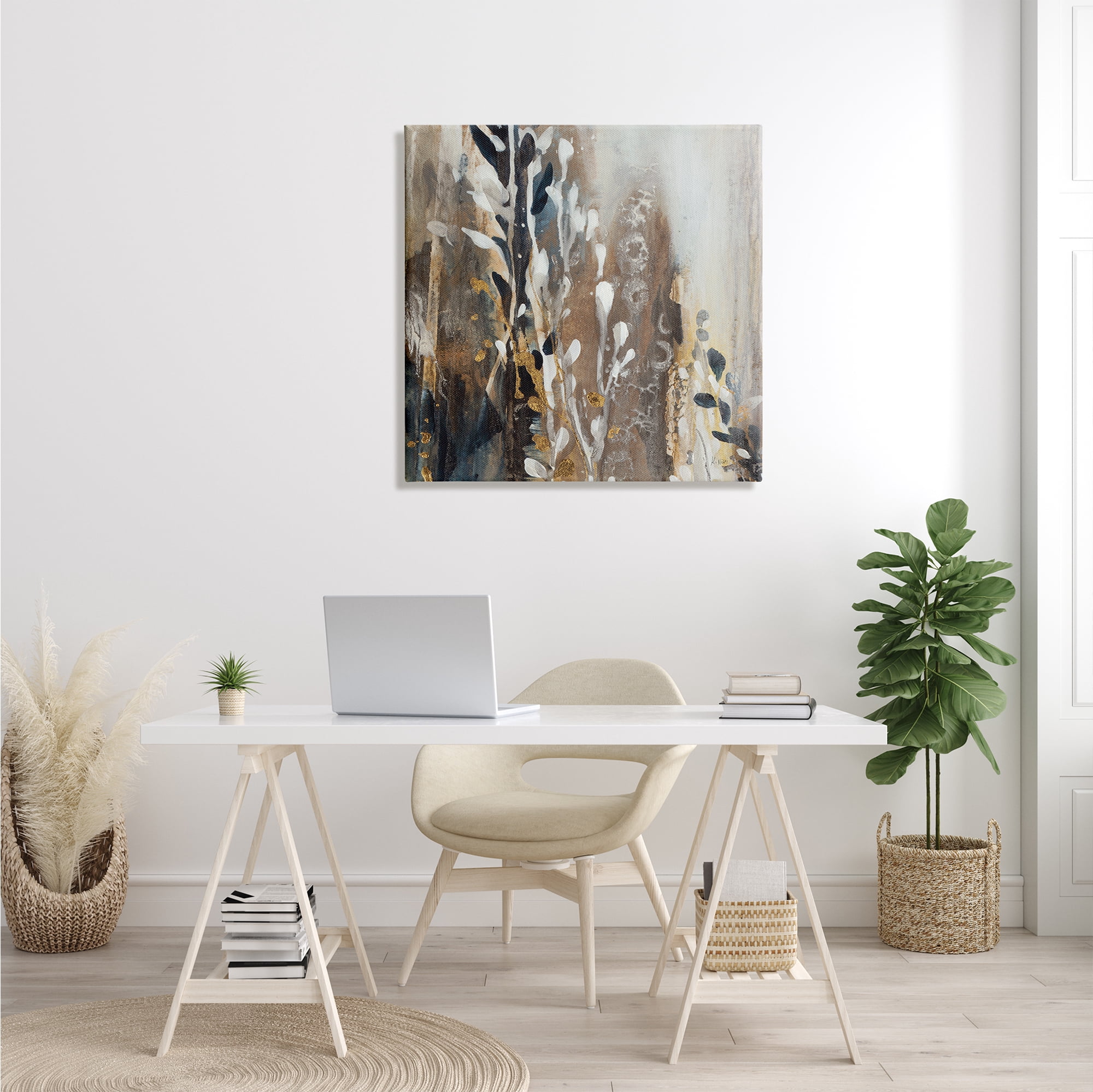 Stupell Industries Modern Abstract Painting Brown Grey White Cascading Plants, 30 x 30, Design by K. Nari