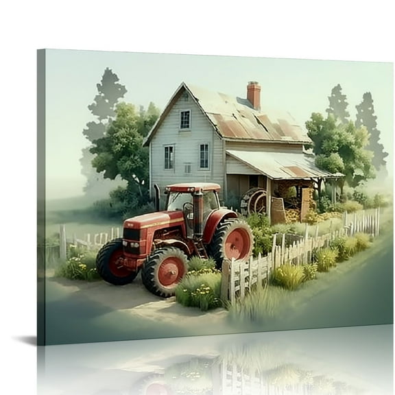 ONETECH  Farmhouse Rustic Painting,  Canvas Wall Art, Old Barn Poster, Red Tractor Picture, Vintage Landscape Print for Living Room, Bedroom, Bathroom, Dining Room  20x16in