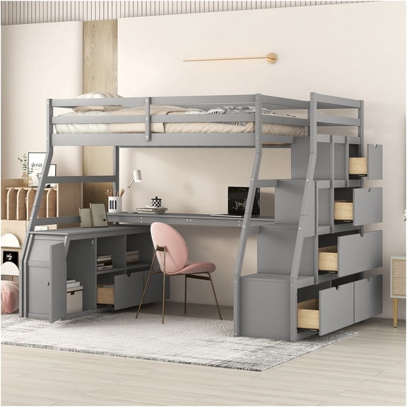 JERFIT Twin Loft Bed with 7 Drawers, 2 Shelves, Desk, Gray