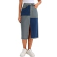 thumbnail image 1 of Falda de mezclilla midi para mujer INSPIRE CHIC, con bloques de color, parcheo, dobladillo sin terminar y abertura, talla 2XL, azul, 1 of 6