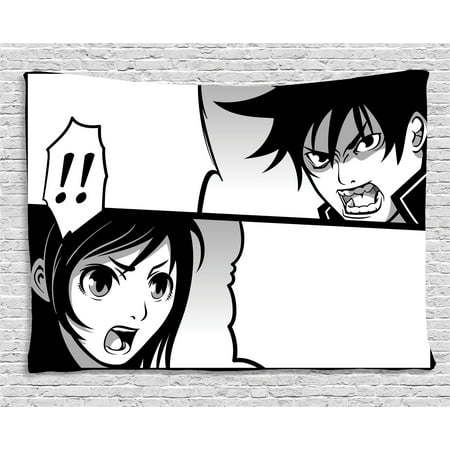 Anime Tapestry, Japanese Comics Strip with Boy and Girl Fight Scene Manga Image Cartoon Print, Wall Hanging for Bedroom Living Room Dorm Decor, 60W X 40L Inches, Black White Gray, by