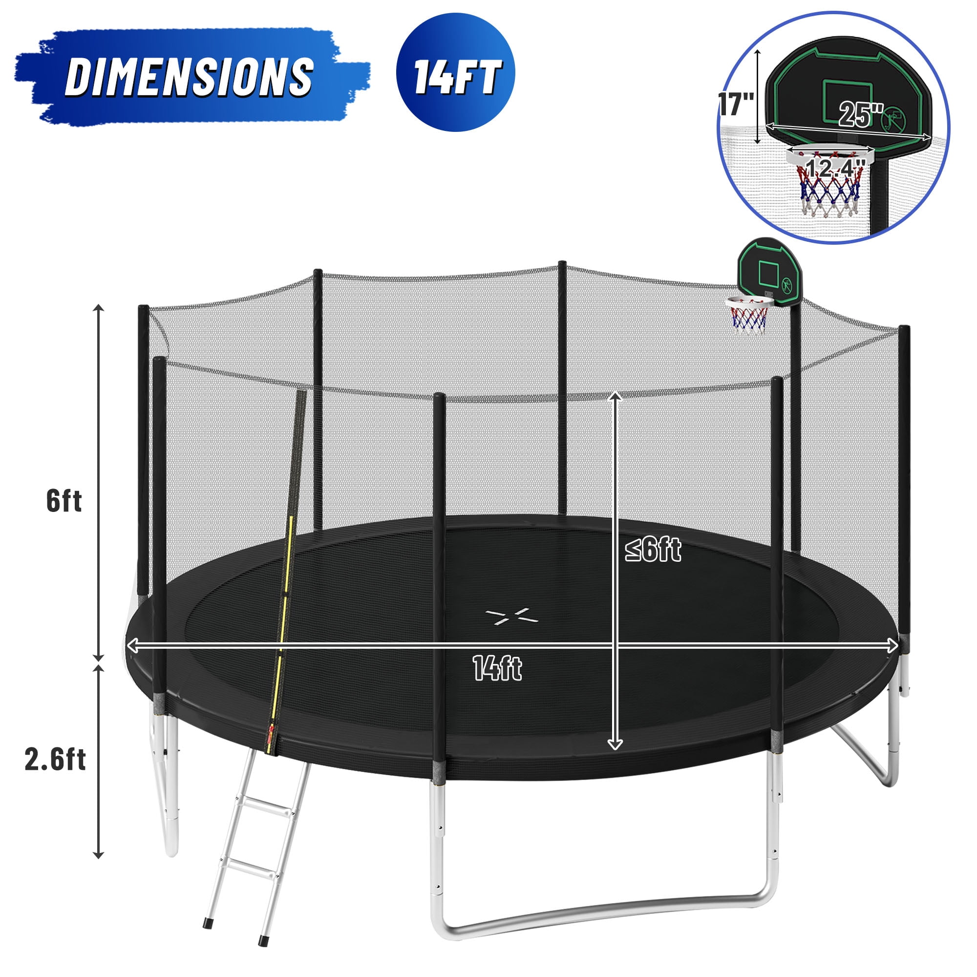 EUROCO 14FT Trampoline for Kids with Safety Enclosure Net, Basketball Hoop and Ladder, Easy Assembly Round Outdoor Recreational Trampoline