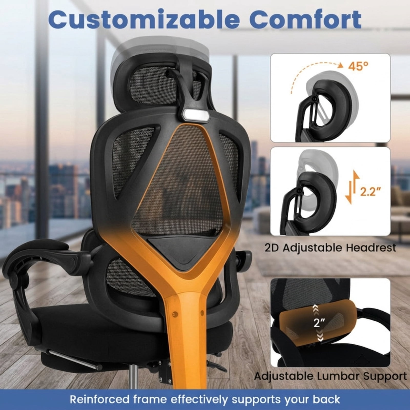 Furnibear Ergonomic Office Chair High Back Mesh Desk Chair with Retractable Footrest Adjustable Headrest and Lumbar Support, Black