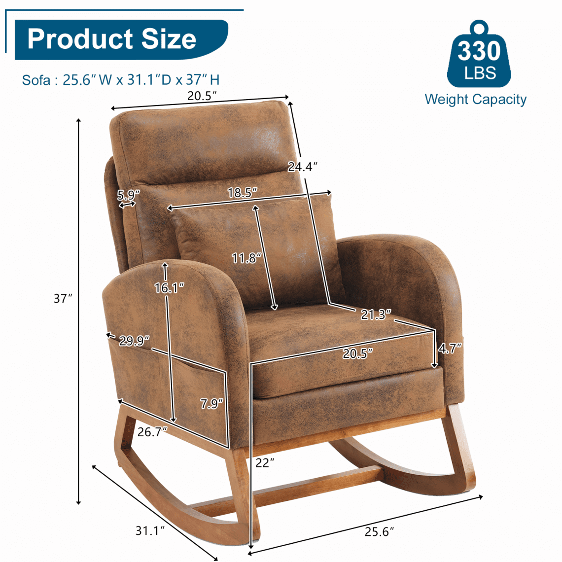 Rocking Chair Nursery with Thick Headrest, Upholstered Modern Nursing Rocker Glider with Curved Armrest, Sturdy Solid Wood Base for Living Room, Bedroom, Baby Room, Burnt Orange