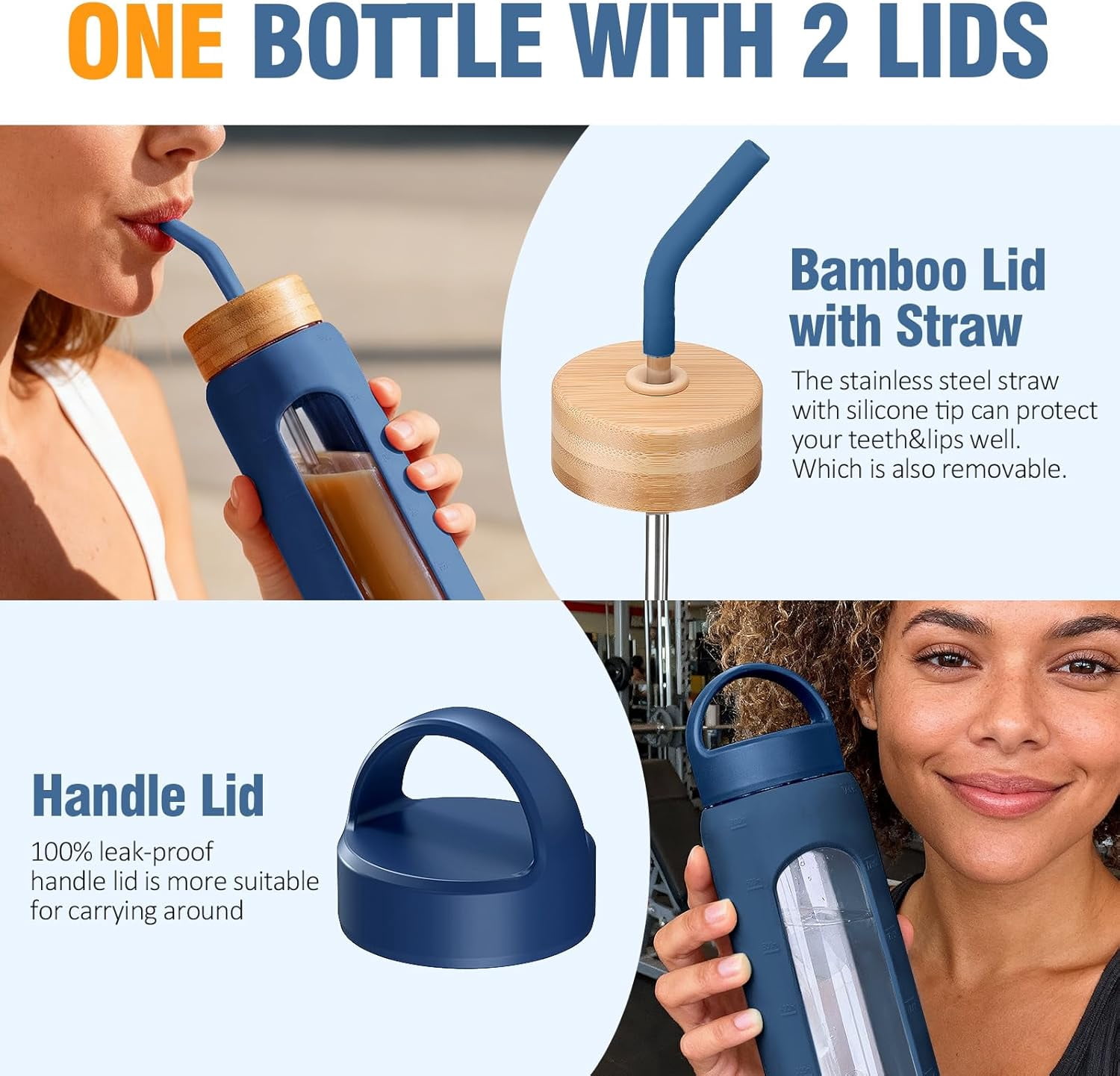 MUKOKO Glass Water Bottle, 32oz Sports Drinking Tumbler with Silicone Sleeve and Straw, 1 Cup 2 Lids, Blue