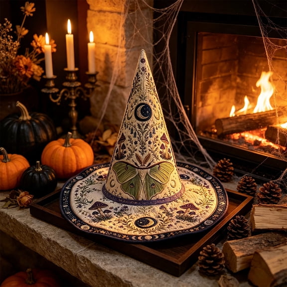 Halloween Flower Quilted Witch Hat 16.9 Inch, Embroidered Polyester Wiccan Cone Hat for Party, Gothic Costume Accessory