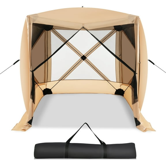 Costway 6.7 FT x 6.7 FT 4-Panel Pop up Camping Gazebo Quick-Set with 2 Sunshade Cloths Coffee