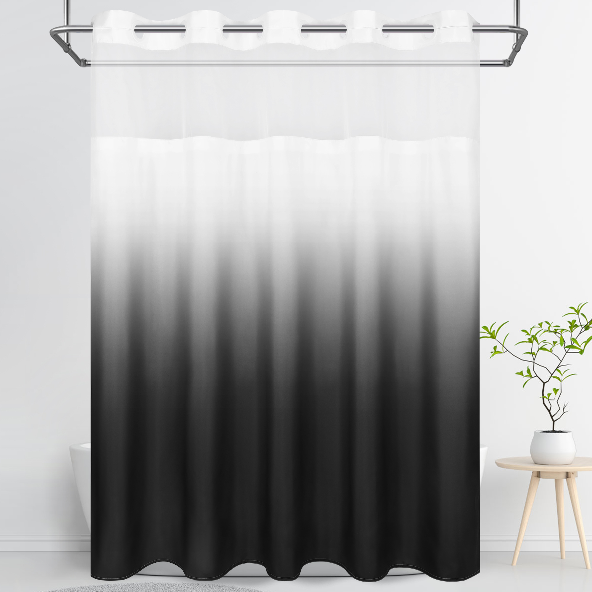 Ikfashoni No Hook Shower Curtain with Snap in Liner, Black Ombre Hookless Waterproof Bath Curtain, 71"X74"