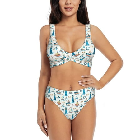 Zeuib Lighthouse And Sea High Waisted Tummy Control Bikini Set - Knot Front Push Up Top & Cheeky Thong Bottom  Two-Piece Swimsuit for Women-Medium