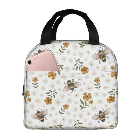 Easygdp Bees And Flowers Bolsa Térmica Premium - Tela Oxford Impermeable, Gran Capacidad, Bolsillo Frontal, Unisex para Trabajo, Escuela, Actividades al Aire Libre y Picnics