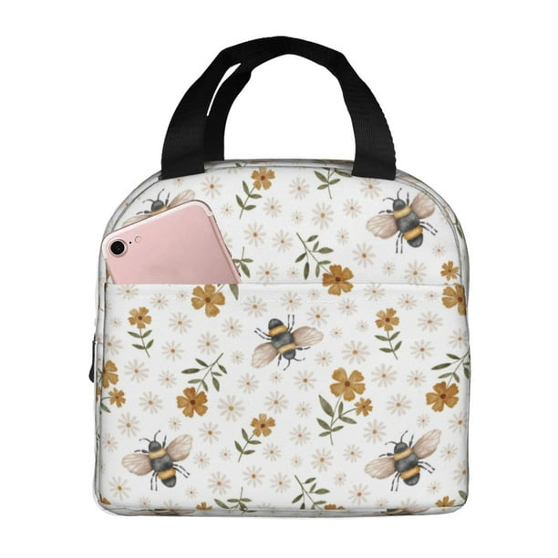 Easygdp Bees And Flowers Bolsa Térmica Premium - Tela Oxford Impermeable, Gran Capacidad, Bolsillo Frontal, Unisex para Trabajo, Escuela, Actividades al Aire Libre y Picnics