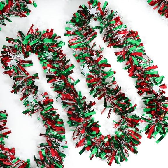 50 Feet Green Red Christmas Metallic Tinsel Twist Hanging Garland with Snowflake for Home Mantle Xmas Tree Staircase Railing New Year Holiday Party Indoor Outdoor Decorations Green Red