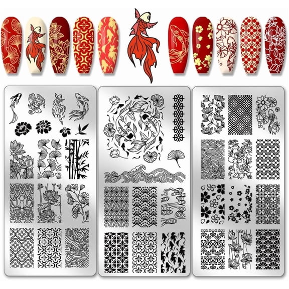 3pcs Koi Nail Stamping Plates East Lotus Nail Stamper Plum Bossom Nail Art Stencils Print Nail Stencils Stainless Steel Nail Image Plate for Nail Art Design Manicure Salon