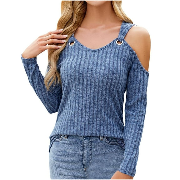 Perfectbot Long Sleeves Sweater For Women Cold Shoulder Wide Strap Ribbed Knit Blouse Casual Tunic Tops