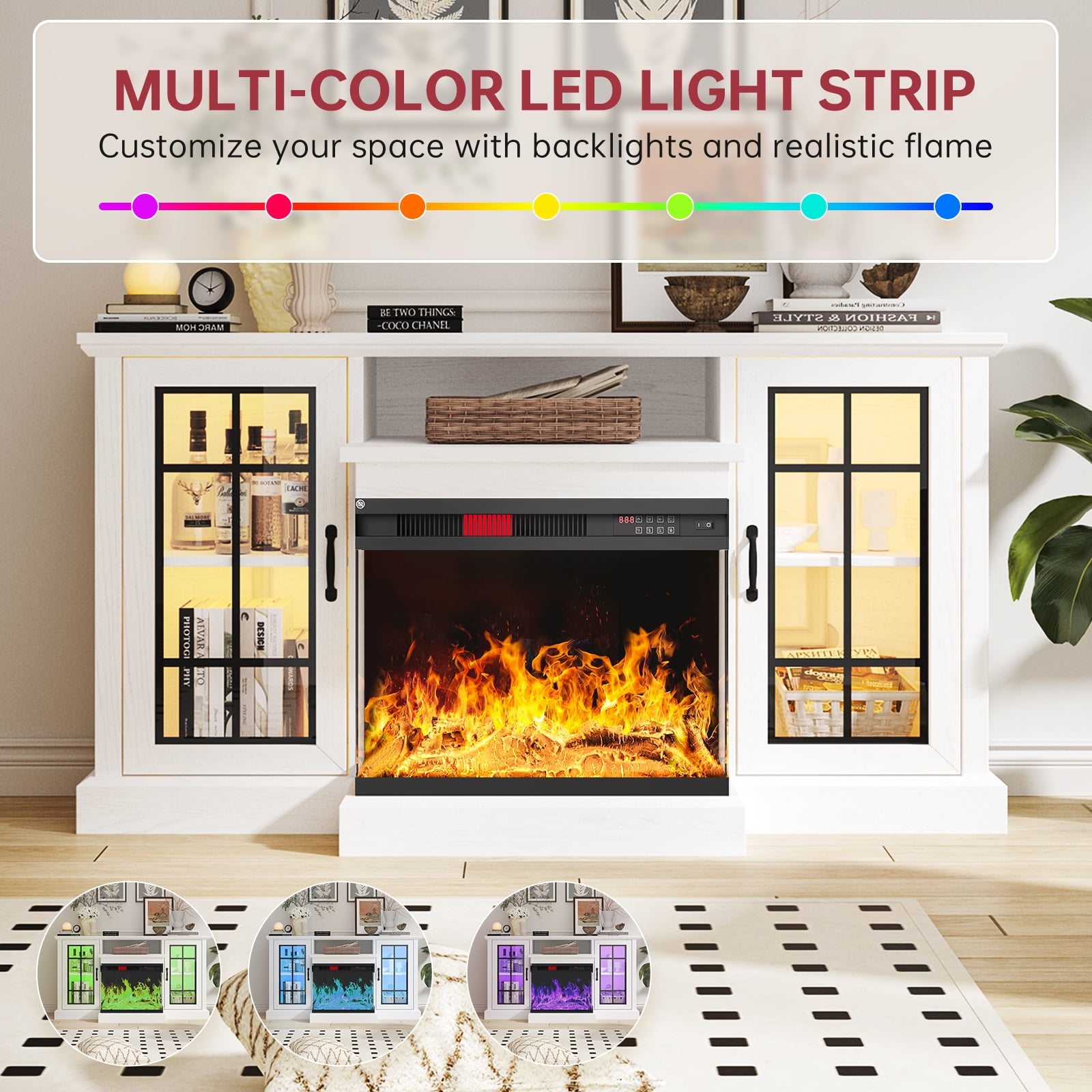 Easoger 59'' Fireplace TV Stand for TVs up to 65", 12 Flame Colors&12 LED Light Colors, TV Console with 3-Sided Glass Fireplace, for Living Room, White