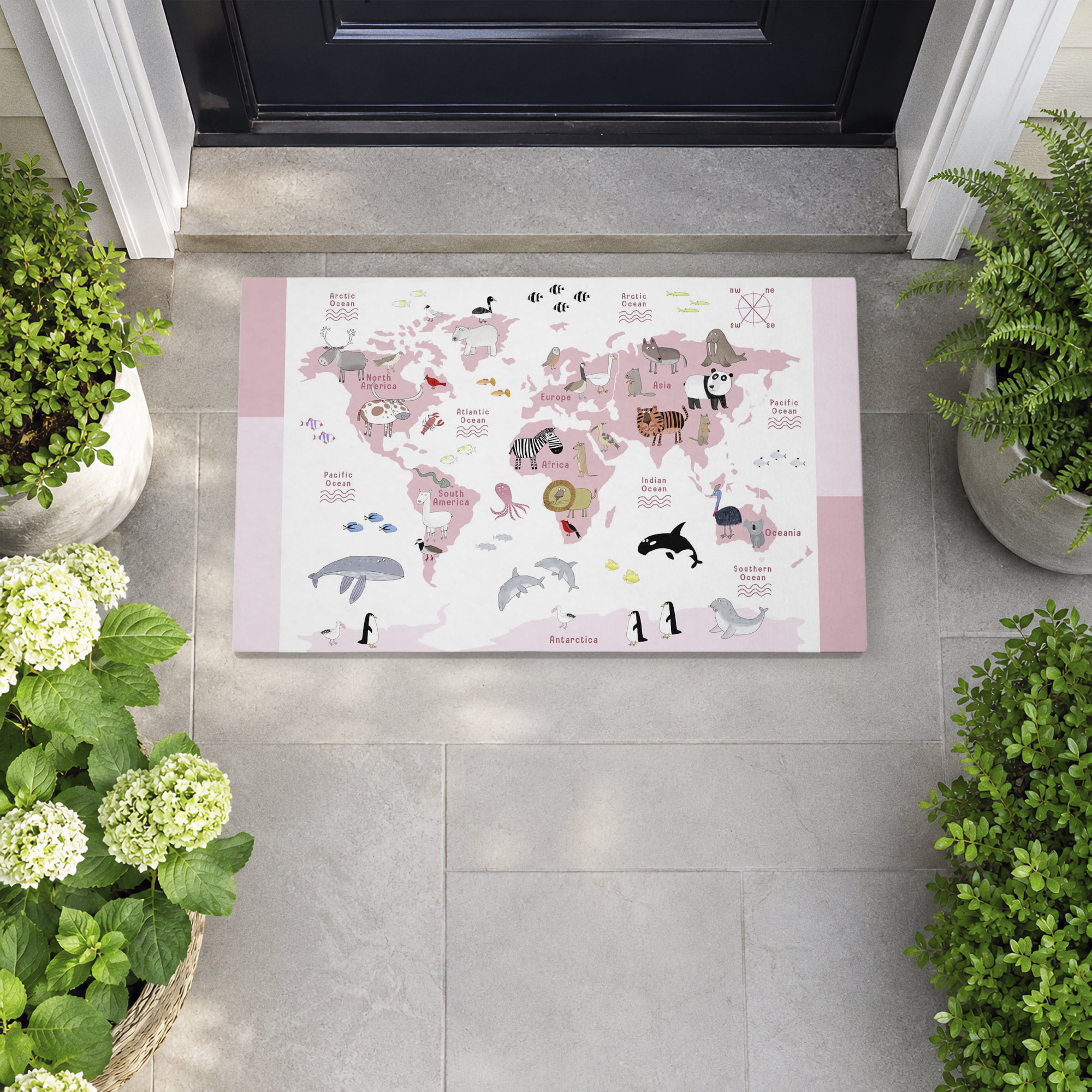 Stupell Industries Pink World Animals Map Printed Outdoor Door Floor Mat, design by Carla Daly