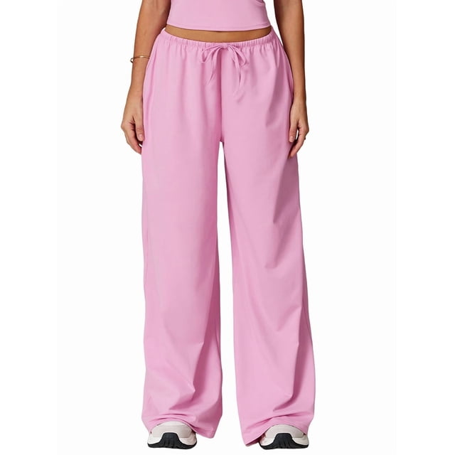 Pantalones Deportivos Casuales Holgados de Pierna para Mujer, Rectos, de Tiro Bajo, con Bolsillos con Cordón Elástico Rosa L