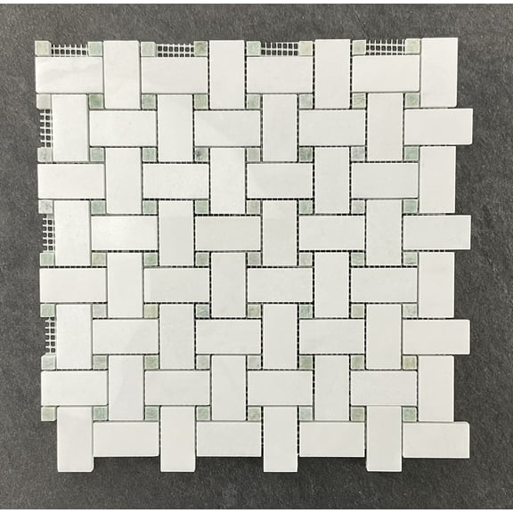 10-Pieces of 1" x 2" Thassos White and Ming Green Dot Marble Basketweave Mosaic Floor and Wall Tile