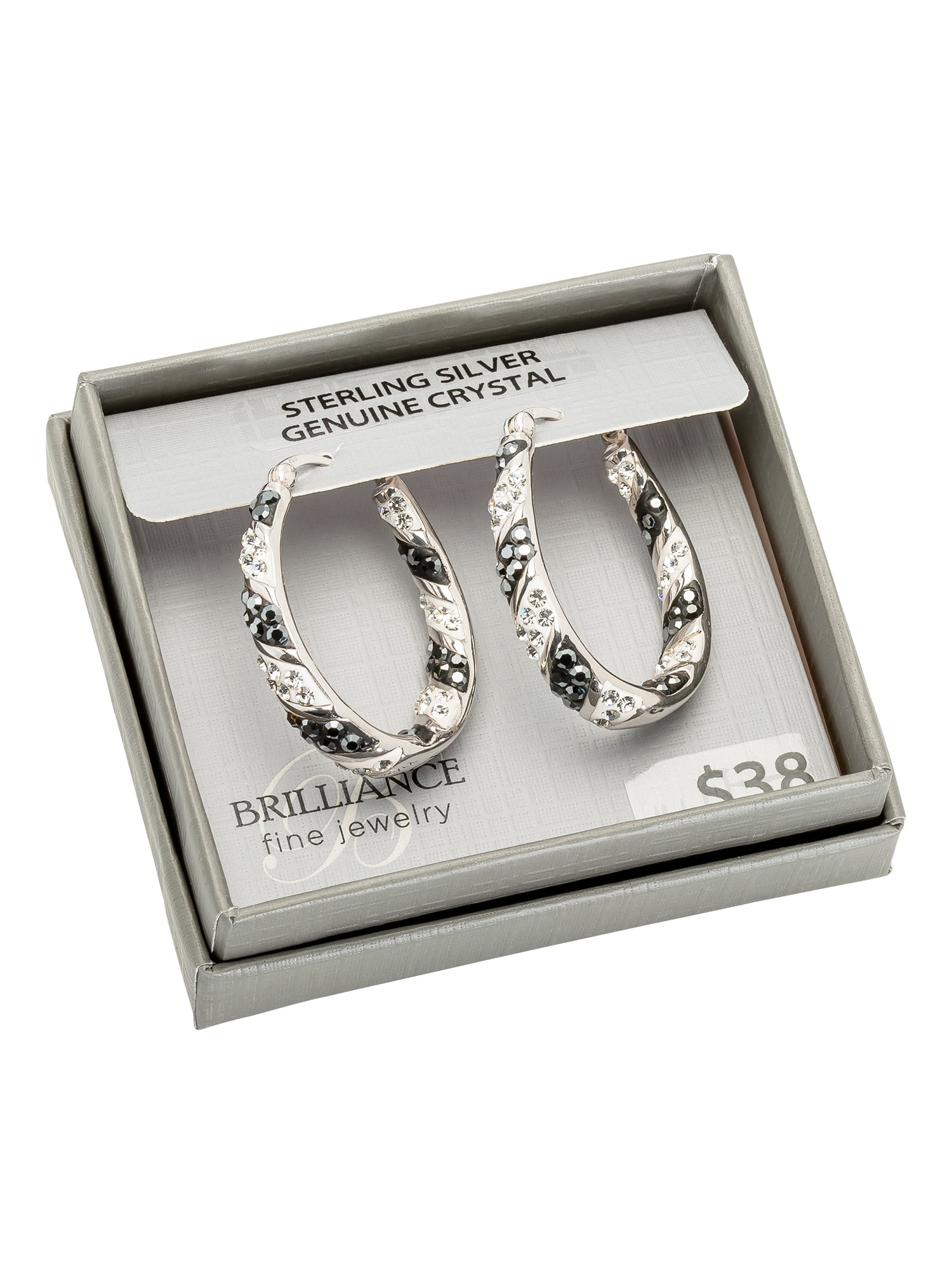 Brilliance Fine Women's Jewelry Sterling Silver Clear and Black Crystal Hoop Earrings