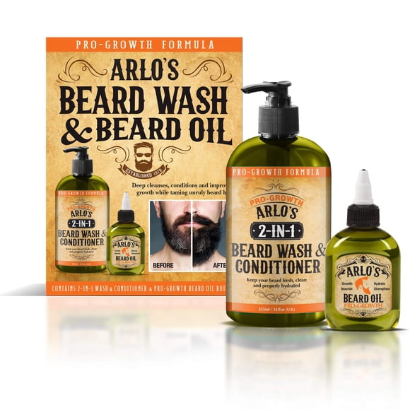 Arlo's Lavado y acondicionador para barba 2 en 1 Pro-Growth, 12 oz con kit de 2 piezas de aceite para barba Pro-Growth