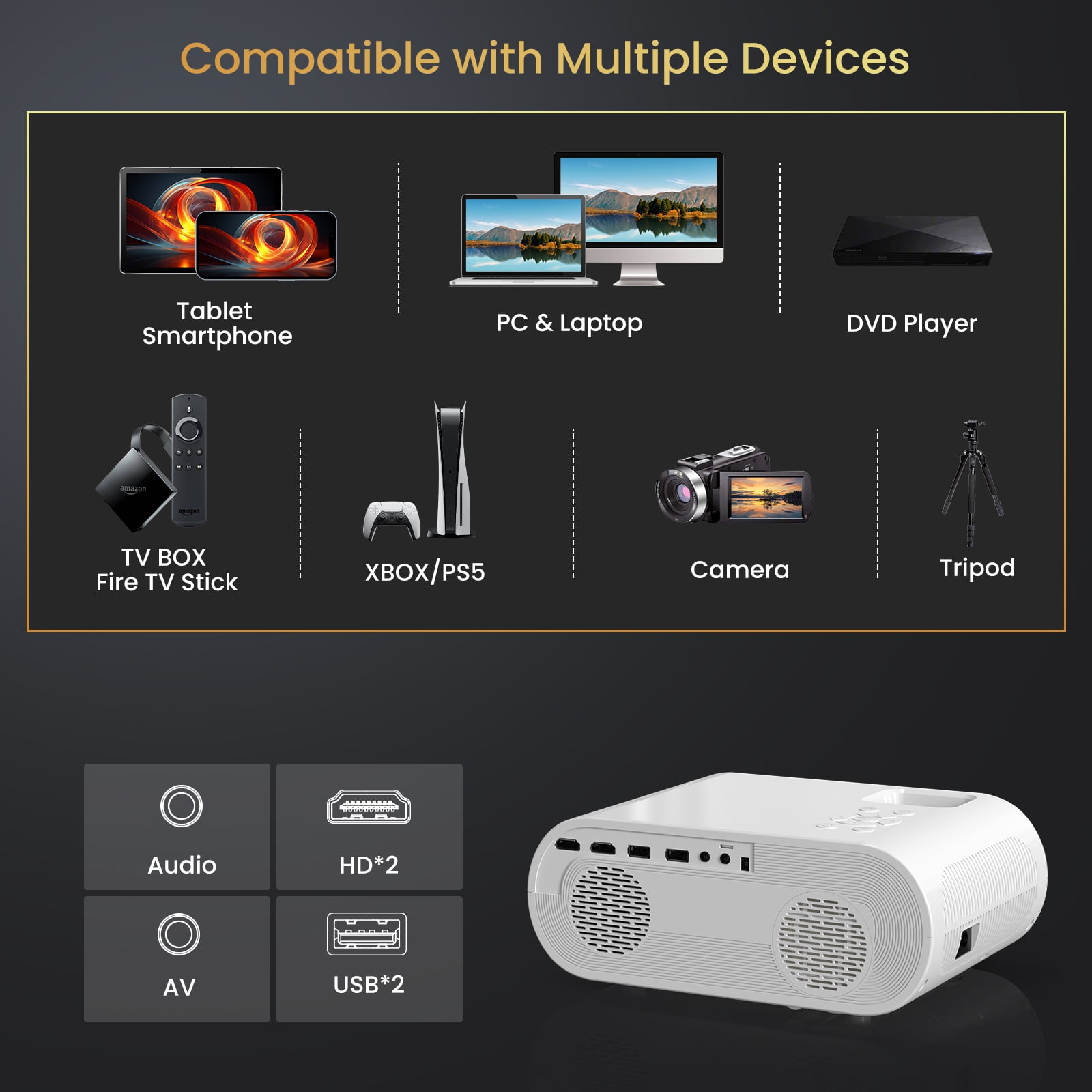 AUOSHI Native 1080P Full HD Bluetooth Projector with Speaker Movie Projector with Wifi and Bluetooth Compatible with Laptop, Smartphone, TV Stick, Xbox, PS5