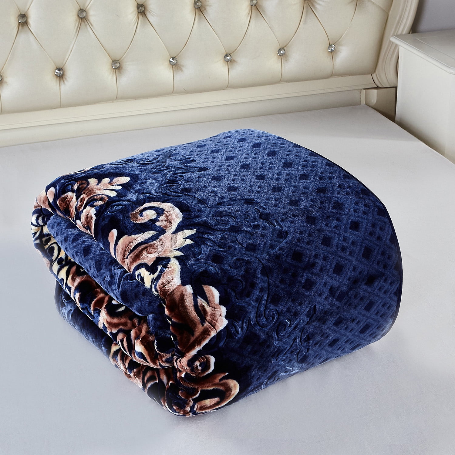 Heavy Thick Fleece Blanket King Size, 9lbs,1 Ply Silky Soft Warm Flower Embossed Raschel Winter Blanket, Minky Soft Plush Blanket for Sofa Bed, 85"x95", Navy Blue