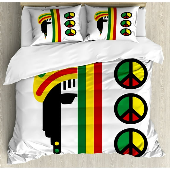 Jamaican Duvet Cover Set Queen Size, Abstract Minimalist Rastaman with Peace Symbols Caribbean Culture Inspired Print, Decorative 3 Piece Bedding Set with 2 Pillow Shams, Multicolor, by Ambesonne